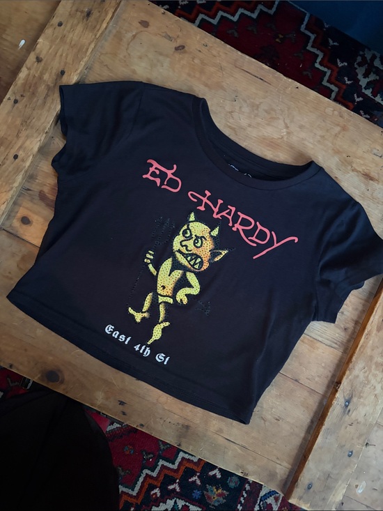 Ed Hardy Tops - Ed Hardy Cropped Baby Tee with Yellow Devil and Red Logo